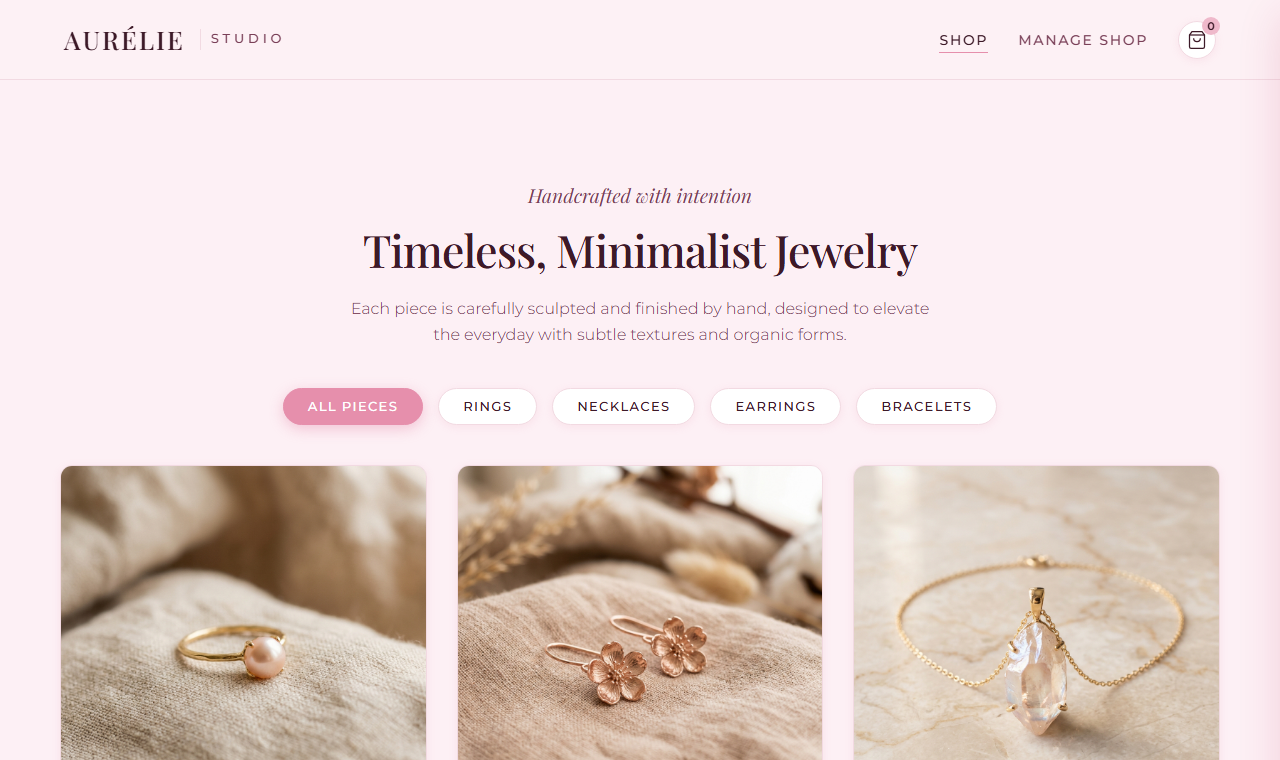 AURÉLIE Luxury Handmade Jewelry Web Store UI Preview